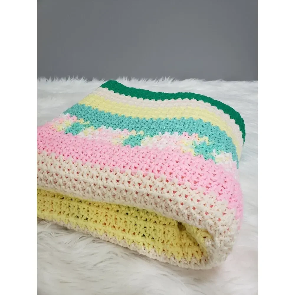 Vintage pink yellow green afghan blanket throw nursery y2k‎ bedroom decor easter